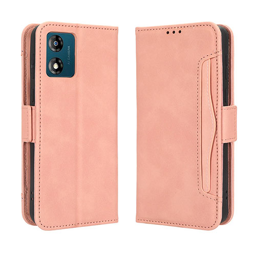 Leather Case Stands Flip Cover Holder BY3 for Motorola Moto E13 Pink