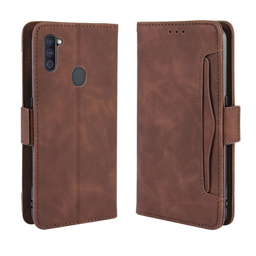 Leather Case Stands Flip Cover Holder BY3 for Samsung Galaxy M11 Brown