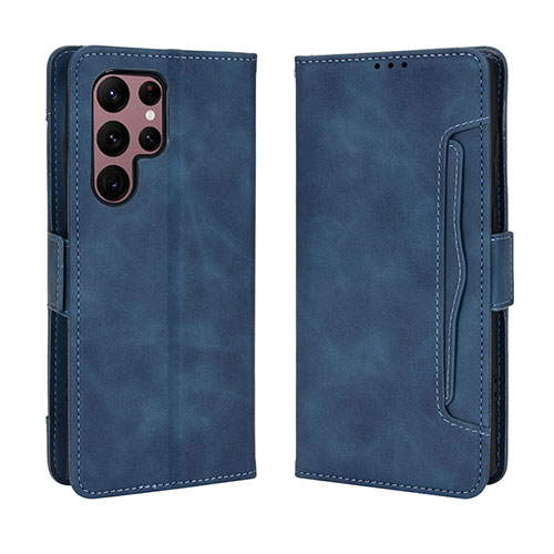 Leather Case Stands Flip Cover Holder BY3 for Samsung Galaxy S22 Ultra 5G Blue