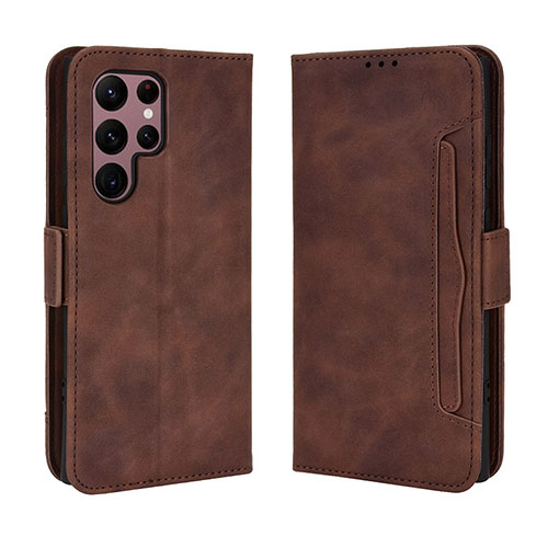 Leather Case Stands Flip Cover Holder BY3 for Samsung Galaxy S22 Ultra 5G Brown