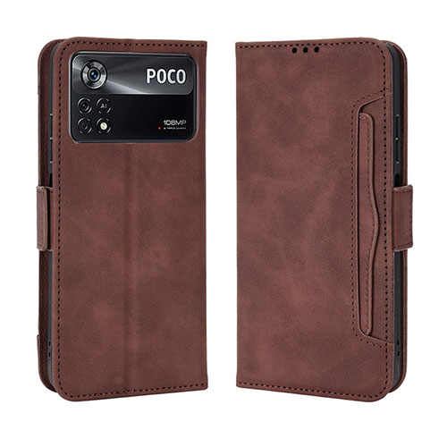 Leather Case Stands Flip Cover Holder BY3 for Xiaomi Poco M4 Pro 4G Brown