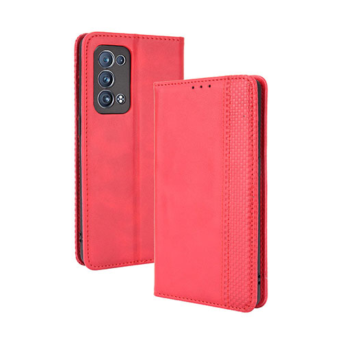 Leather Case Stands Flip Cover Holder BY4 for Oppo Reno6 Pro+ Plus 5G Red