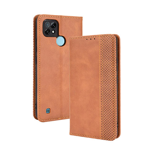 Leather Case Stands Flip Cover Holder BY4 for Realme C21 Brown