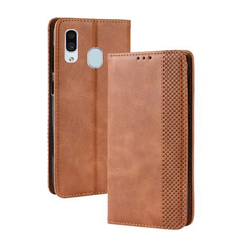 Leather Case Stands Flip Cover Holder BY4 for Samsung Galaxy A20 Brown