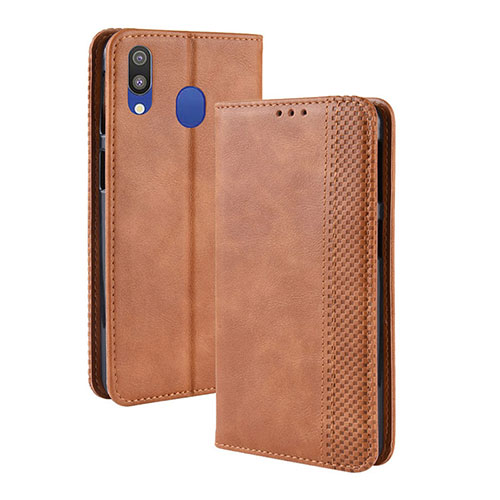 Leather Case Stands Flip Cover Holder BY4 for Samsung Galaxy M20 Brown