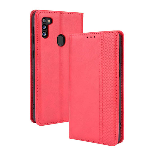 Leather Case Stands Flip Cover Holder BY4 for Samsung Galaxy M21 (2021) Red