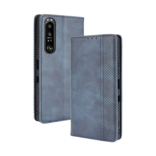 Leather Case Stands Flip Cover Holder BY4 for Sony Xperia 1 III Blue