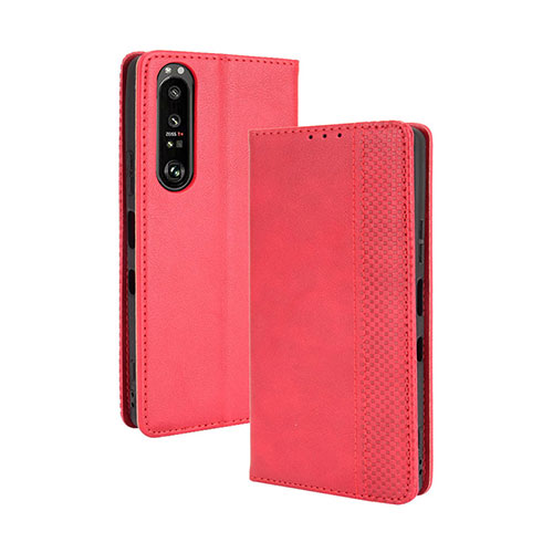 Leather Case Stands Flip Cover Holder BY4 for Sony Xperia 1 III Red