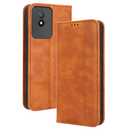 Leather Case Stands Flip Cover Holder BY4 for Vivo Y02 Brown