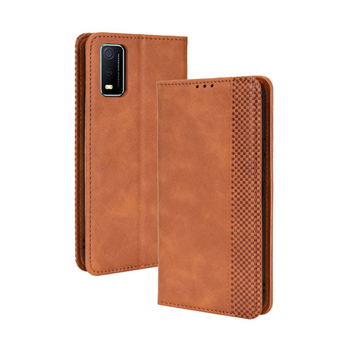 Leather Case Stands Flip Cover Holder BY4 for Vivo Y3s (2021) Brown