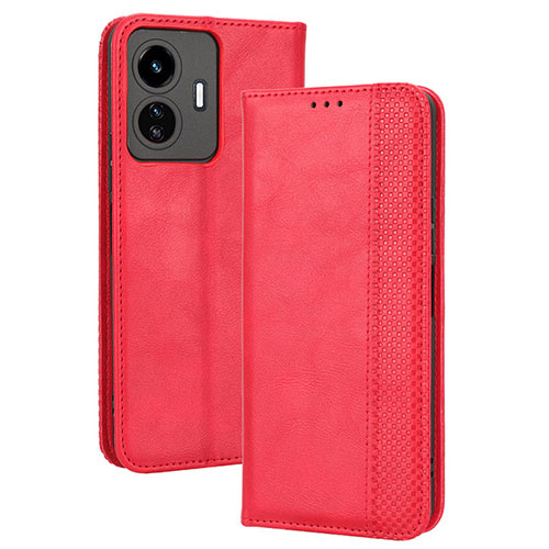 Leather Case Stands Flip Cover Holder BY4 for Vivo Y77e 5G Red