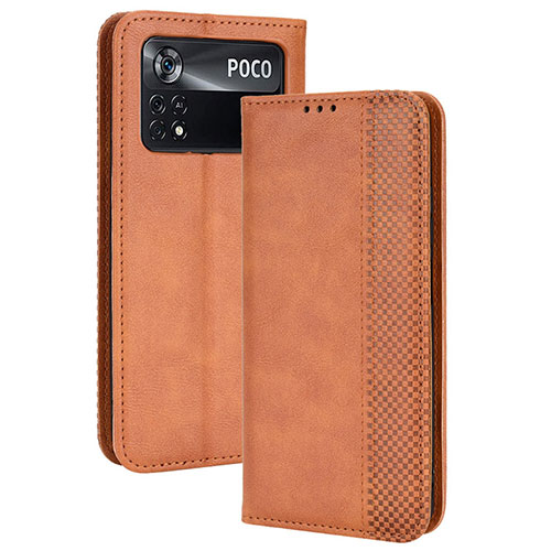 Leather Case Stands Flip Cover Holder BY4 for Xiaomi Poco X4 Pro 5G Brown