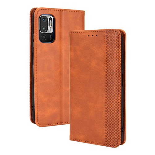 Leather Case Stands Flip Cover Holder BY4 for Xiaomi Redmi Note 10 5G Brown