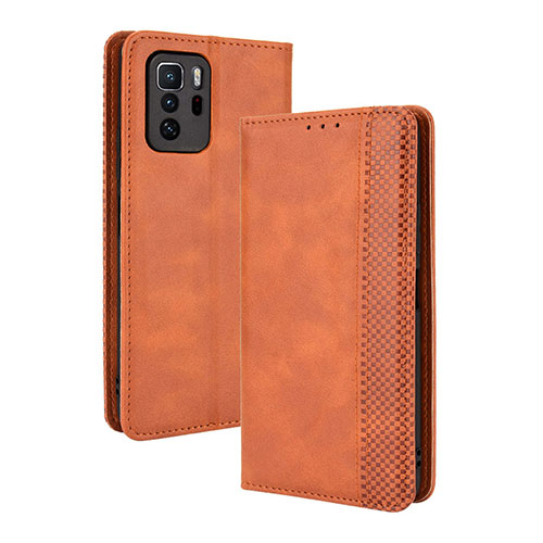 Leather Case Stands Flip Cover Holder BY4 for Xiaomi Redmi Note 10 Pro 5G Brown