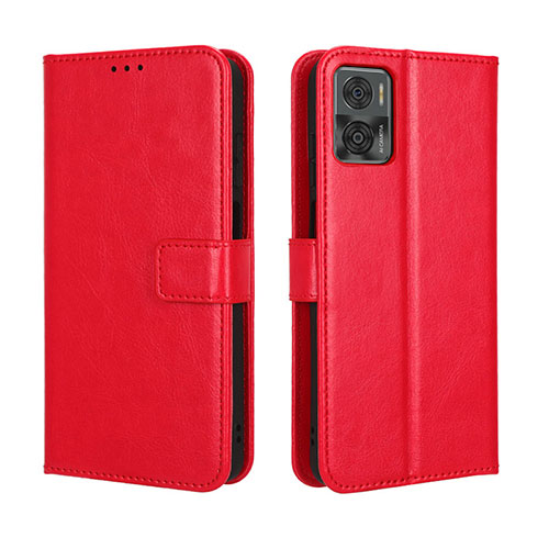 Leather Case Stands Flip Cover Holder BY5 for Motorola Moto E22 Red