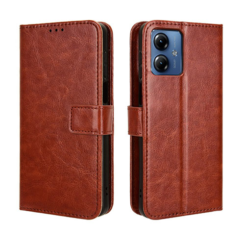 Leather Case Stands Flip Cover Holder BY5 for Motorola Moto G14 Brown