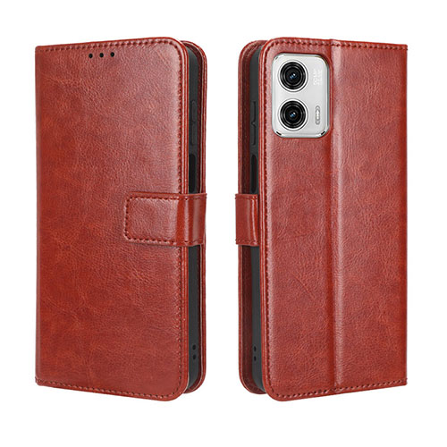 Leather Case Stands Flip Cover Holder BY5 for Motorola Moto G53j 5G Brown