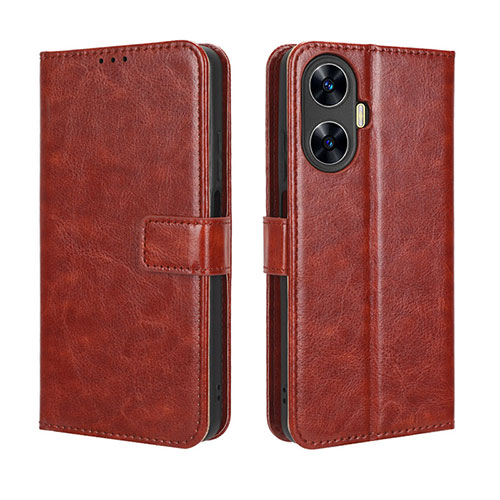 Leather Case Stands Flip Cover Holder BY5 for Realme C55 Brown