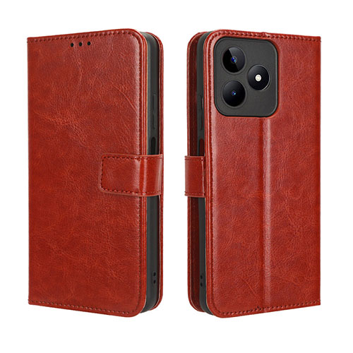 Leather Case Stands Flip Cover Holder BY5 for Realme Narzo N53 Brown