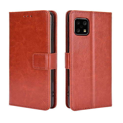 Leather Case Stands Flip Cover Holder BY5 for Sharp Aquos Sense4 Brown