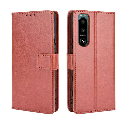 Leather Case Stands Flip Cover Holder BY5 for Sony Xperia 5 III SO-53B Brown