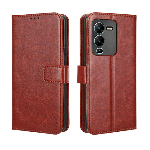 Leather Case Stands Flip Cover Holder BY5 for Vivo V25 Pro 5G Brown