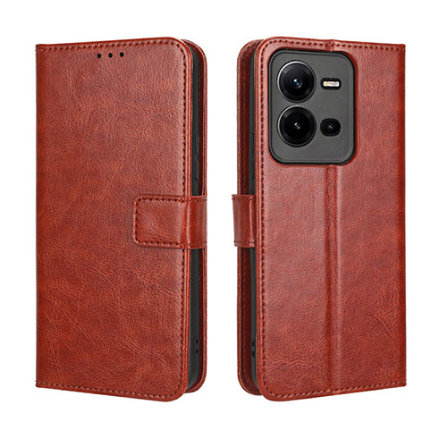 Leather Case Stands Flip Cover Holder BY5 for Vivo V25e Brown