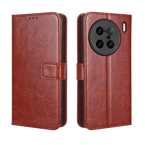 Leather Case Stands Flip Cover Holder BY5 for Vivo X90 Pro+ Plus 5G Brown