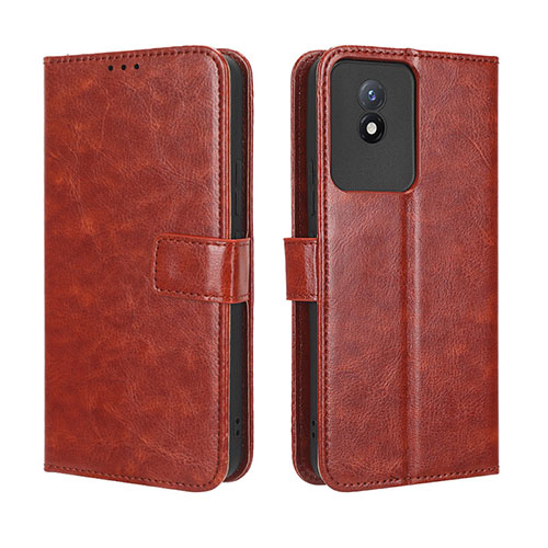 Leather Case Stands Flip Cover Holder BY5 for Vivo Y02 Brown