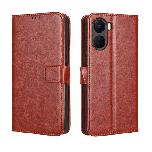 Leather Case Stands Flip Cover Holder BY5 for Vivo Y16 Brown