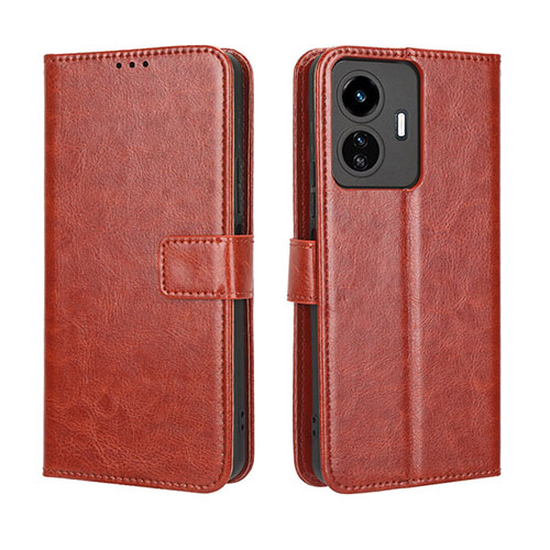 Leather Case Stands Flip Cover Holder BY5 for Vivo Y77e 5G Brown