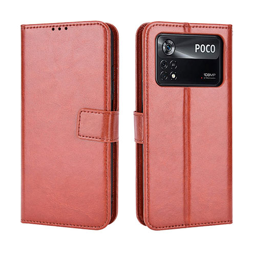 Leather Case Stands Flip Cover Holder BY5 for Xiaomi Poco M4 Pro 4G Brown