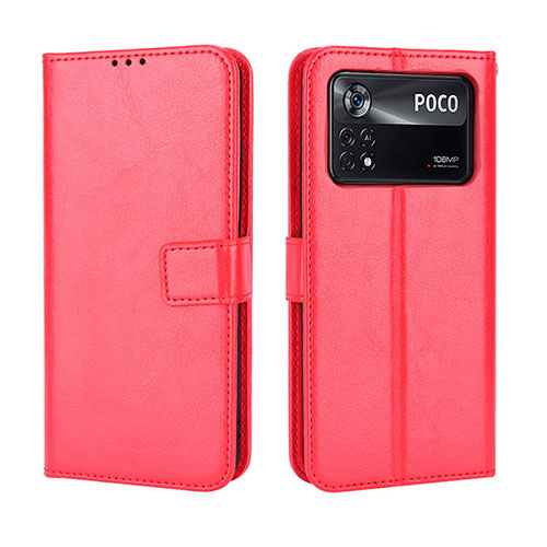 Leather Case Stands Flip Cover Holder BY5 for Xiaomi Poco M4 Pro 4G Red