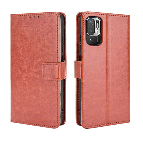 Leather Case Stands Flip Cover Holder BY5 for Xiaomi Redmi Note 10 5G Brown