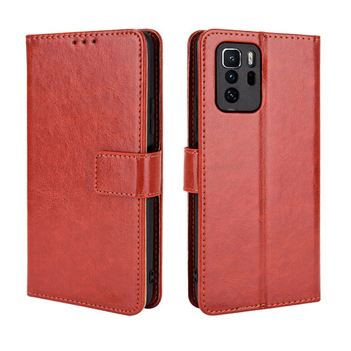 Leather Case Stands Flip Cover Holder BY5 for Xiaomi Redmi Note 10 Pro 5G Brown