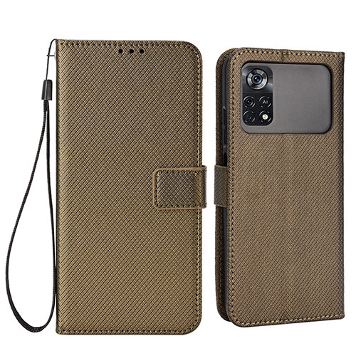 Leather Case Stands Flip Cover Holder BY6 for Xiaomi Poco M4 Pro 4G Brown