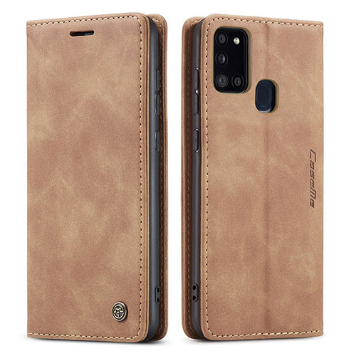 Leather Case Stands Flip Cover Holder C01S for Samsung Galaxy A21s Light Brown