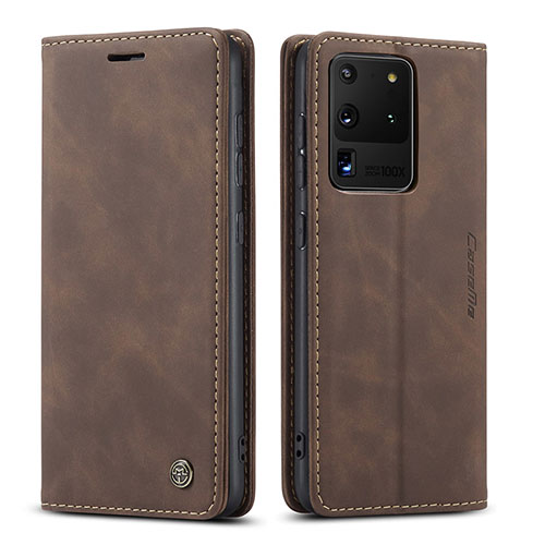 Leather Case Stands Flip Cover Holder C01S for Samsung Galaxy S20 Ultra Brown