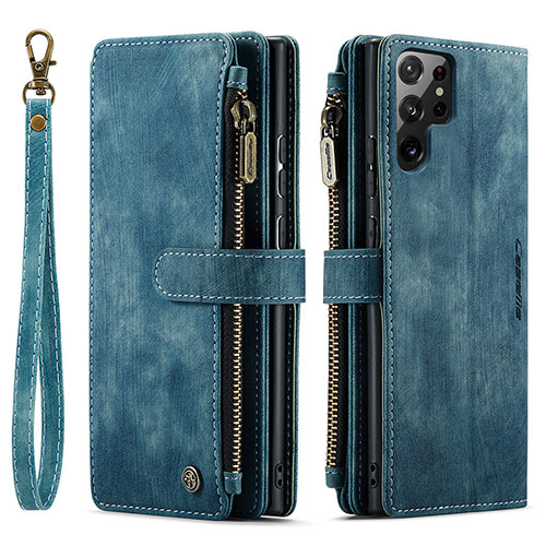 Leather Case Stands Flip Cover Holder C01S for Samsung Galaxy S22 Ultra 5G Blue