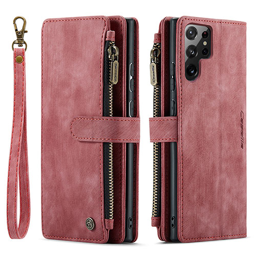 Leather Case Stands Flip Cover Holder C01S for Samsung Galaxy S22 Ultra 5G Red