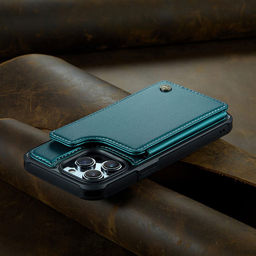 Leather Case Stands Flip Cover Holder C02S for Apple iPhone 15 Pro Green