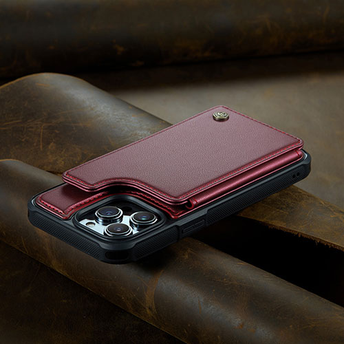 Leather Case Stands Flip Cover Holder C02S for Apple iPhone 15 Pro Red Wine