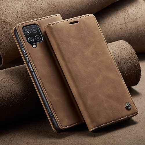 Leather Case Stands Flip Cover Holder C02S for Samsung Galaxy A12 Light Brown