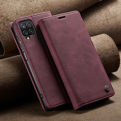 Leather Case Stands Flip Cover Holder C02S for Samsung Galaxy A12 Red Wine