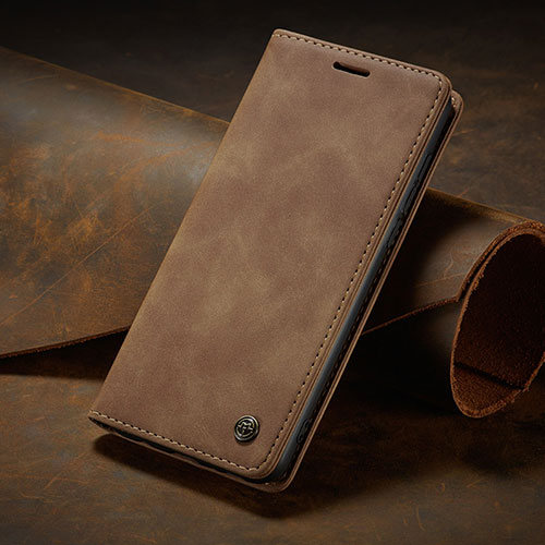 Leather Case Stands Flip Cover Holder C02S for Samsung Galaxy A41 Light Brown