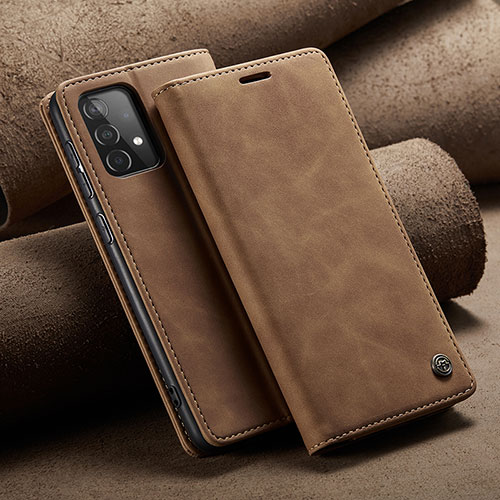 Leather Case Stands Flip Cover Holder C02S for Samsung Galaxy A52 4G Light Brown