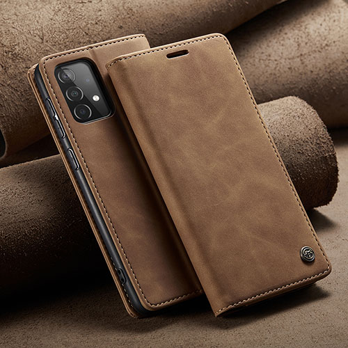 Leather Case Stands Flip Cover Holder C02S for Samsung Galaxy A52 5G Light Brown