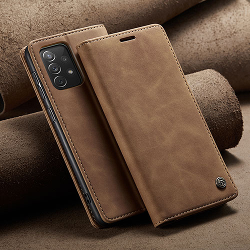 Leather Case Stands Flip Cover Holder C02S for Samsung Galaxy A72 4G Light Brown