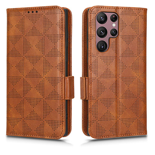 Leather Case Stands Flip Cover Holder C02X for Samsung Galaxy S22 Ultra 5G Brown