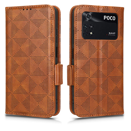 Leather Case Stands Flip Cover Holder C02X for Xiaomi Poco M4 Pro 4G Brown